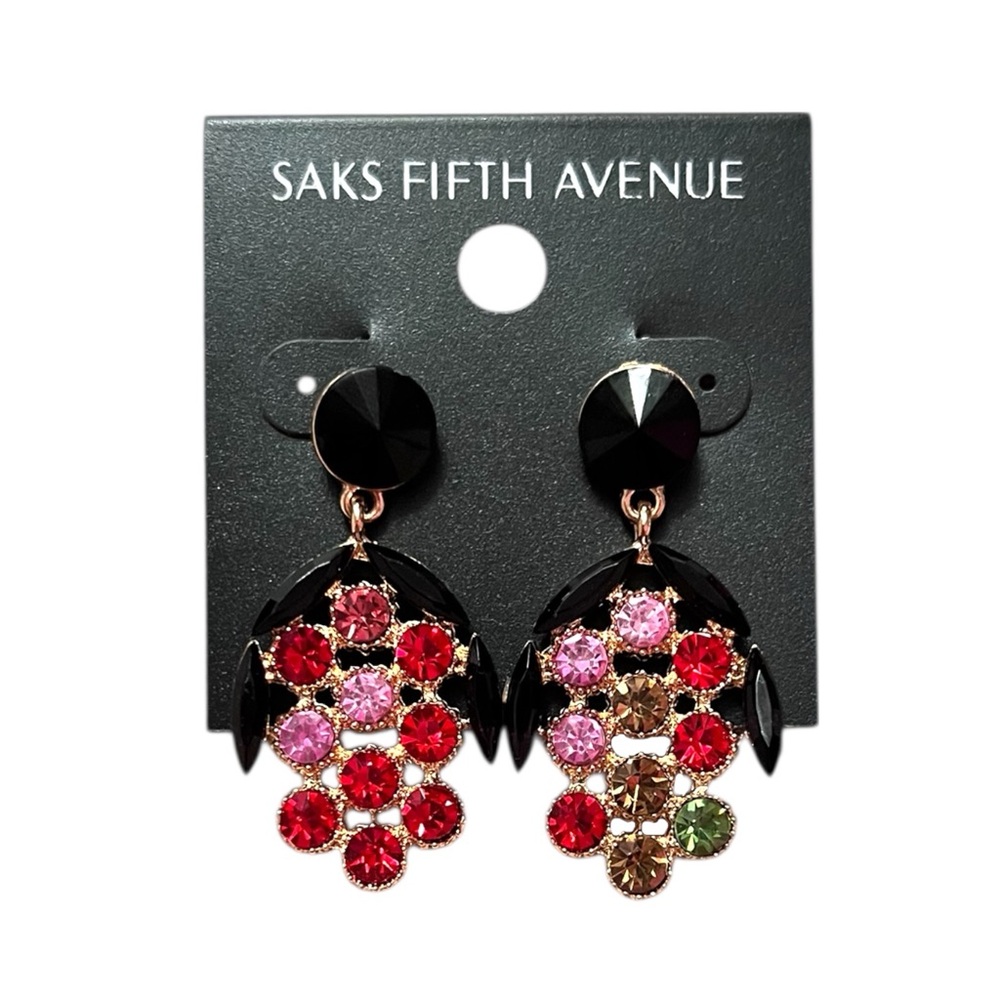 Saks Fifth Avenue Black Drop Earrings with Multicolor Crystal Clusters